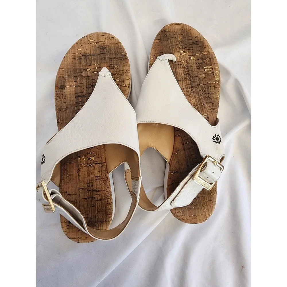 Jack Rogers White Leather Cork Platform Sandals Thong Buckle Womens 8.5 M Summer